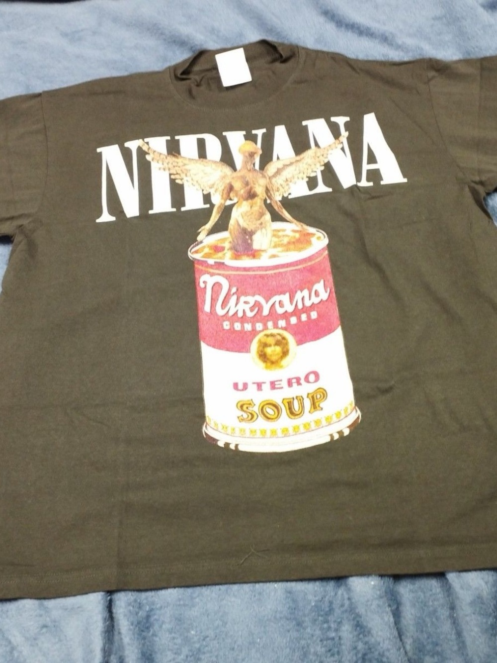 NIRVANA Olive Green Short Sleeve Tee with Soup Can Graphic